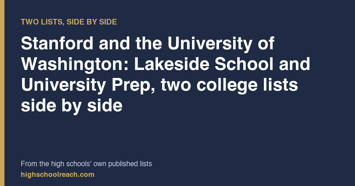 Stanford and the University of Washington: Lakeside School and University Prep, two college lists side by side — from the high schools' own published lists