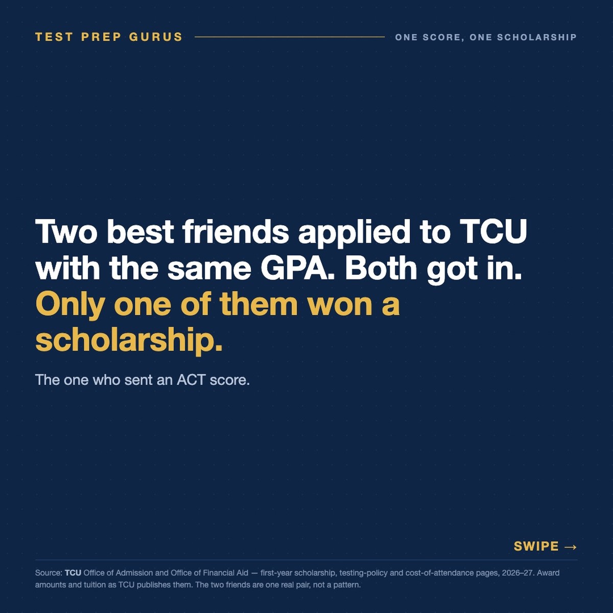 TCU merit scholarship criteria and award amounts against tuition — Reach by Test Prep Gurus.