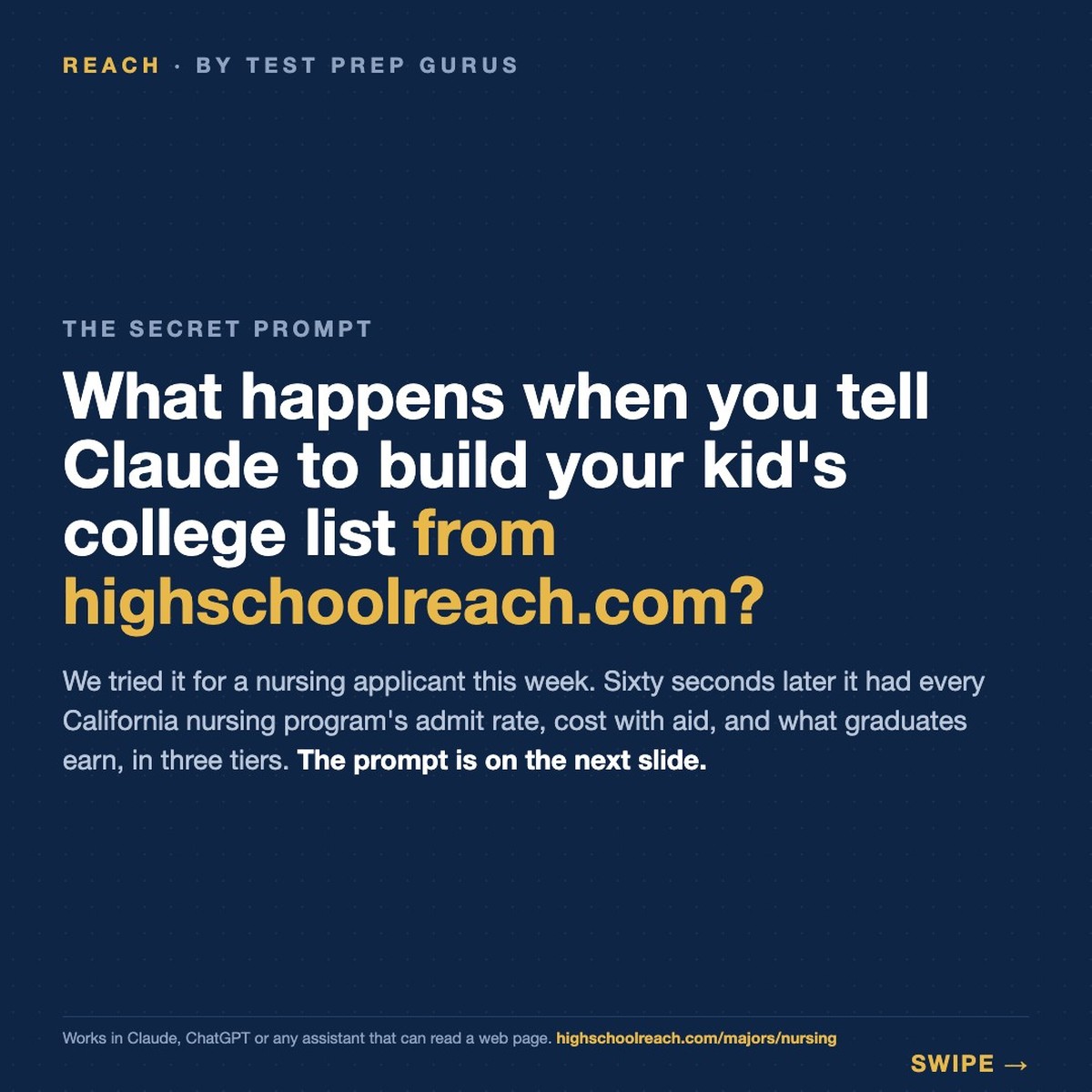 The copyable prompt that builds a reach, match and likely nursing list from Reach data.