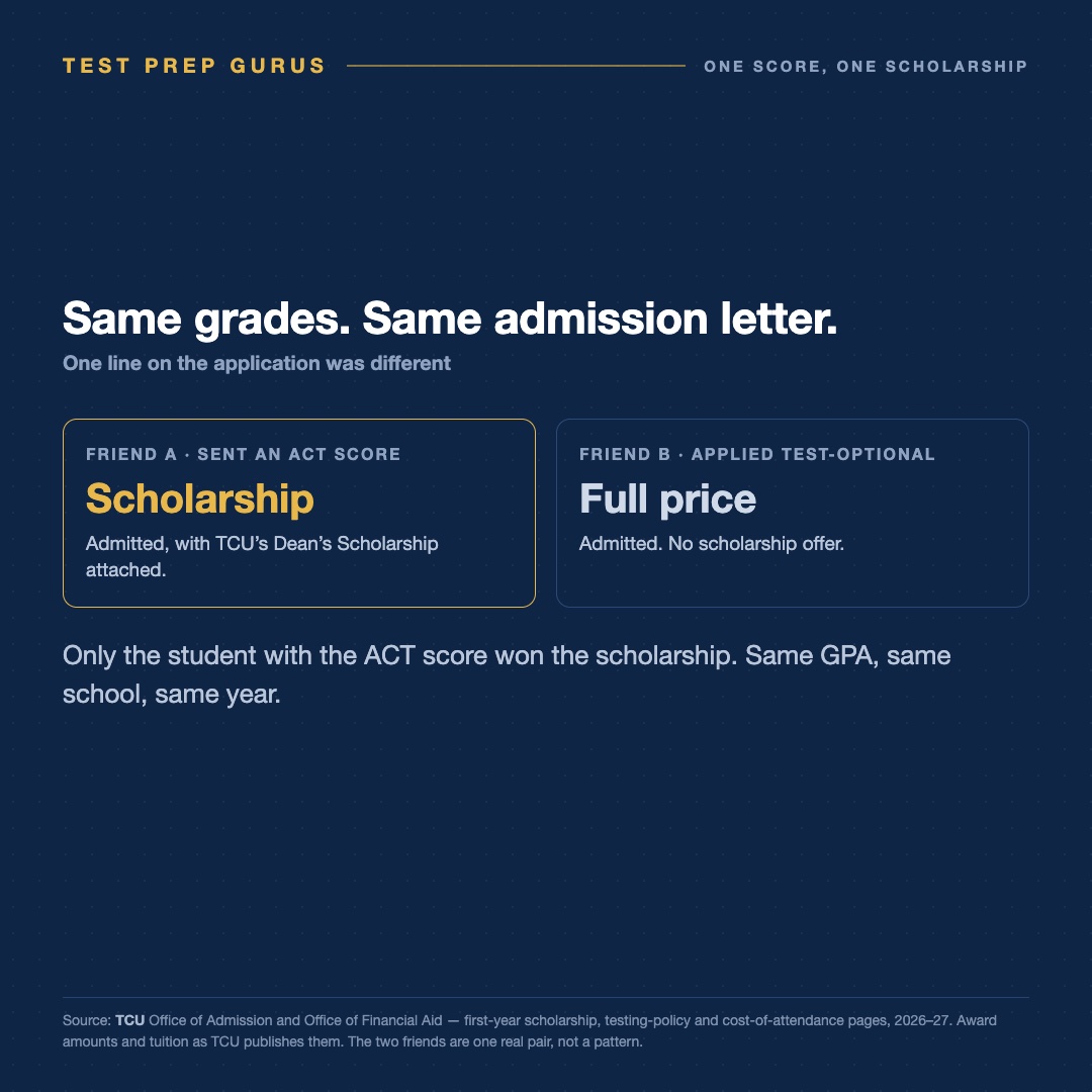 Slide 2 of Two friends applied to TCU with the same GPA. One sent a score.